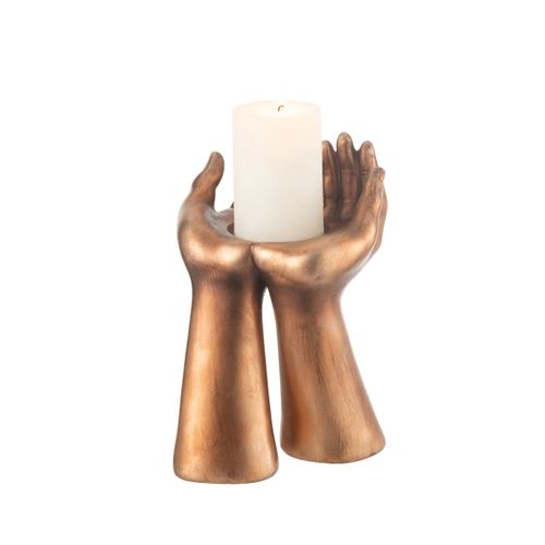 Bougeoir Déco En Résine "mains" 25cm Cuivre