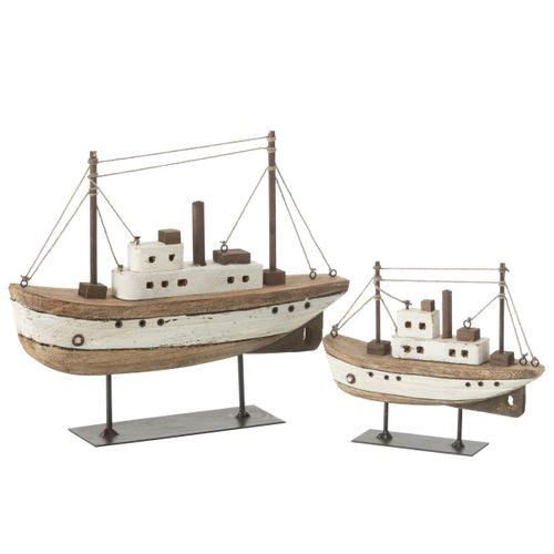 Bateau Sur Socle En Bois "gene" 29cm Naturel et Blanc