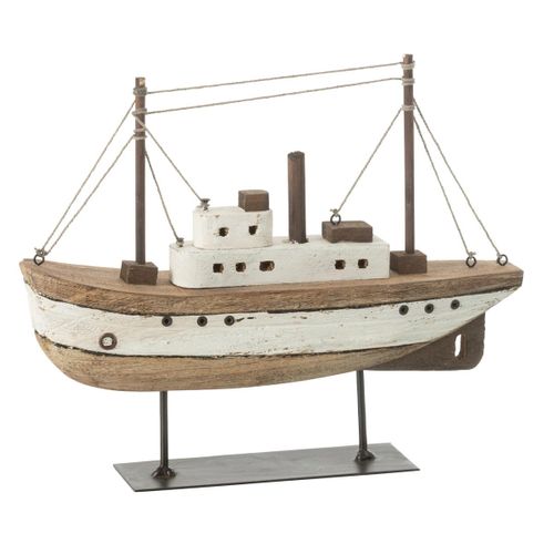 Bateau Sur Socle En Bois "gene" 29cm Naturel et Blanc