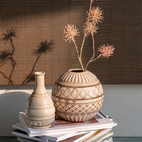 Vase Boule En Porcelaine "ethnique" 19cm Beige