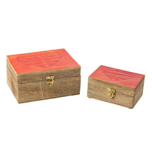 Lot De 2 Boîtes Déco En Bois "cœur" 20cm Rouge et Naturel