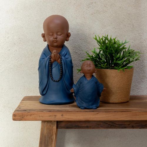 Statuette Moine Prière "grady" 32cm Bleu
