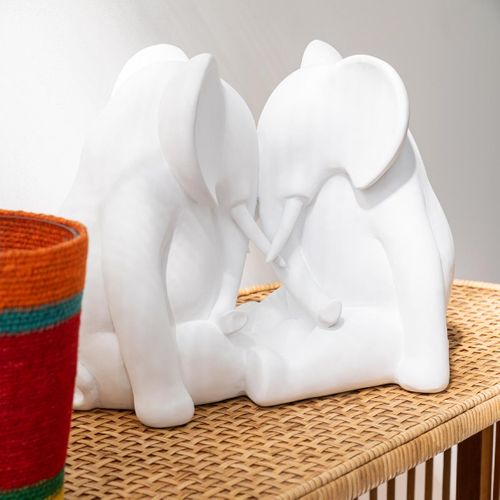 Statuette Éléphant Face à Face "burl" 36cm Blanc