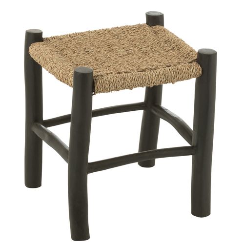 Tabouret Carré En Bois De Teck Et Jonc De Mer - 40x40x45 Cm - Noir