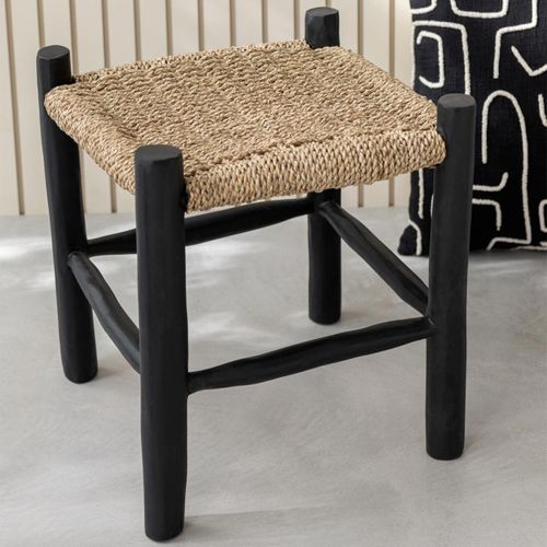 Tabouret Carré En Bois De Teck Et Jonc De Mer - 40x40x45 Cm - Noir