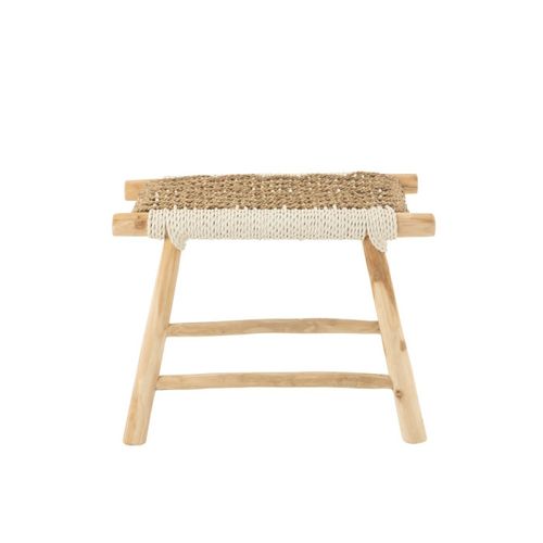 Tabouret En Bois De Teck Et Jonc De Mer Bicolore Tressé - 38x60x45 Cm - Naturel