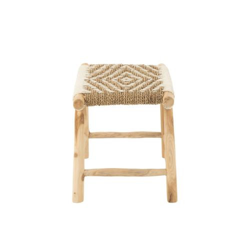 Tabouret En Bois De Teck Et Jonc De Mer Bicolore Tressé - 38x60x45 Cm - Naturel