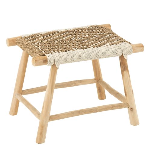 Tabouret En Bois De Teck Et Jonc De Mer Bicolore Tressé - 38x60x45 Cm - Naturel