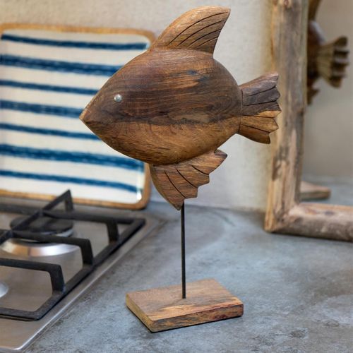 Statuette Poisson Sur Pied En Bois "antwan" 40cm Marron