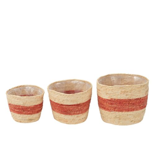 Lot De 3 Paniers Déco "ligne" 26cm Naturel et Rouge