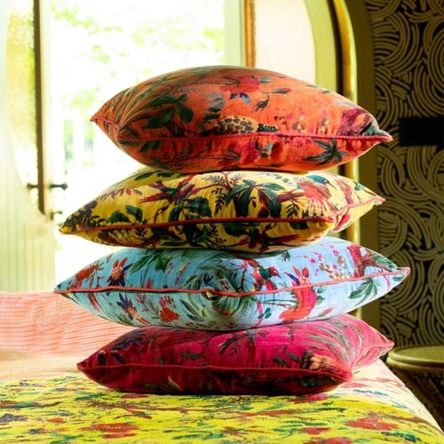 Coussin Déco En Velours "oiseaux Fleurs" 45x45cm Jaune