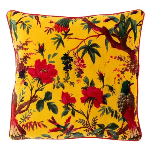 Coussin Déco En Velours "oiseaux Fleurs" 45x45cm Jaune