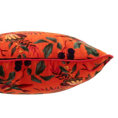 Coussin Déco En Velours "oiseaux Fleurs" 45x45cm Orange