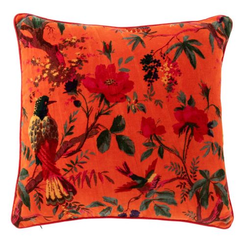 Coussin Déco En Velours "oiseaux Fleurs" 45x45cm Orange