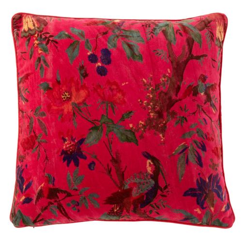 Coussin Déco En Velours "oiseaux Fleurs" 45x45cm Rose