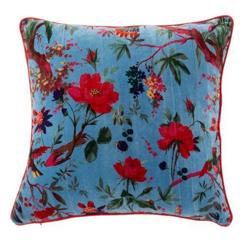 Coussin Déco En Velours "oiseaux Fleurs" 45x45cm Bleu
