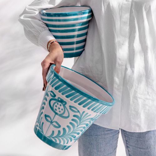 Pot Avec Soucoupe En Céramique "granada" 50cm Bleu Aqua