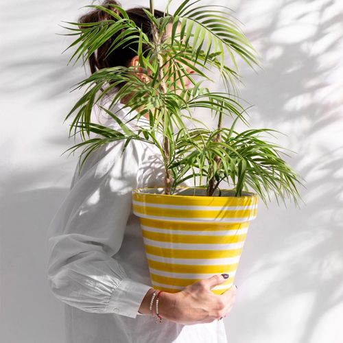 Pot Avec Soucoupe En Céramique "granada Rayure" 27cm Jaune