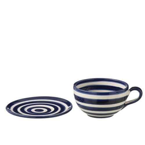 Tasse Avec Sous-tasse En Céramique "granada Rayure" 50cl Bleu Cobalt