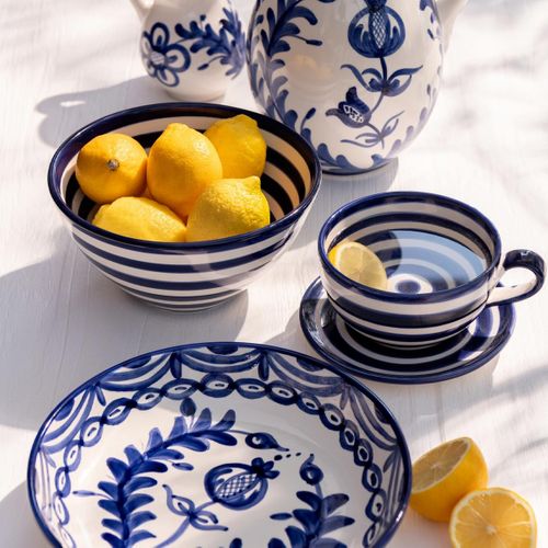 Tasse Avec Sous-tasse En Céramique "granada Rayure" 50cl Bleu Cobalt