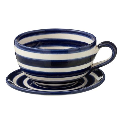 Tasse Avec Sous-tasse En Céramique "granada Rayure" 50cl Bleu Cobalt