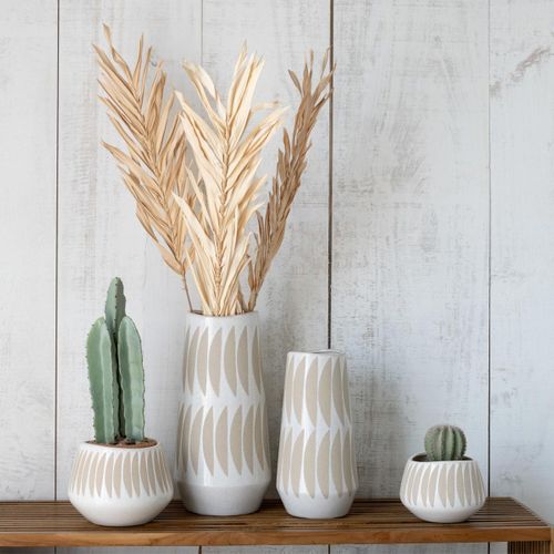 Vase Déco En Grès "kai" 40cm Beige et Blanc