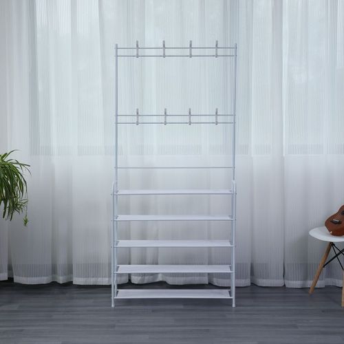 Meuble D'entrée 3 En 1 : étagère à Chaussures + Porte-manteau + Rangement | Métal Blanc, 60x25x152 Cm