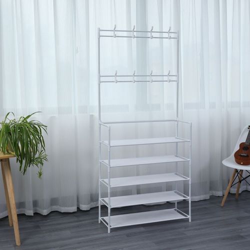 Porte-manteaux D'entrée Avec Étagère à Chassures à 5 Niveaux Blanc  Hg03428