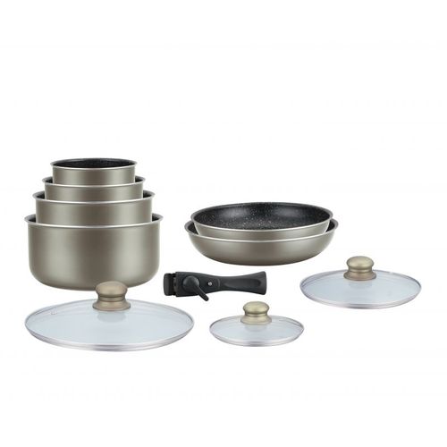 Batterie De Cuisine Revetement Pierre Avec Manche Amovible 10 Pieces Carbon  Hg5000-car