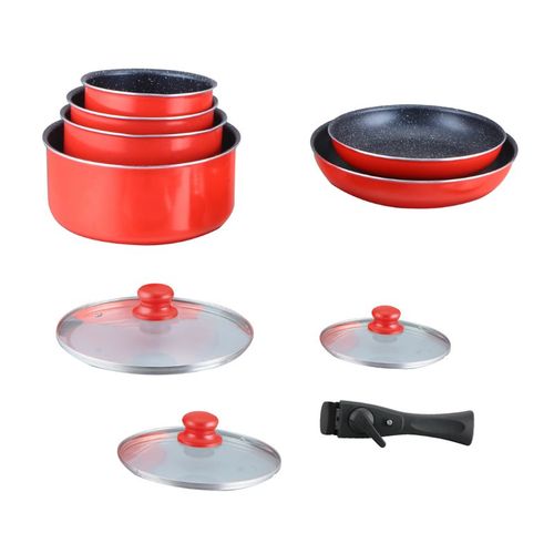 Batterie De Cuisine Revêtement Pierre Avec Manche Amovible 10 Pieces Rouge  Ha04623-red