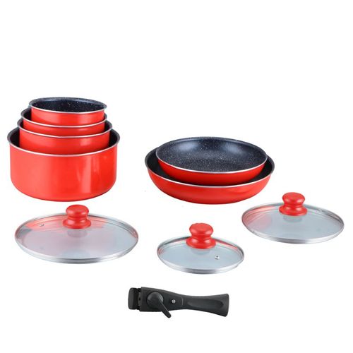 Batterie De Cuisine Revêtement Pierre Avec Manche Amovible 10 Pieces Rouge  Ha04623-red