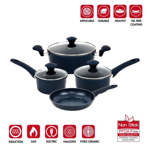 Batterie De Cuisine Forgée Revêtement En Marbre Bleu 7 Pièces  Hg04685-blu