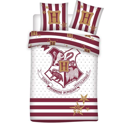 Parure De Lit Réversible Harry Potter - Blason Hogwarts - Blanche Et Rouge - 140 Cm X 200 Cm