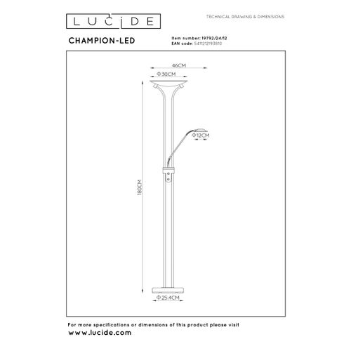 Champion-led Lampadaire / Lampe De Lecture - Chrome Dépoli - LED Intégré