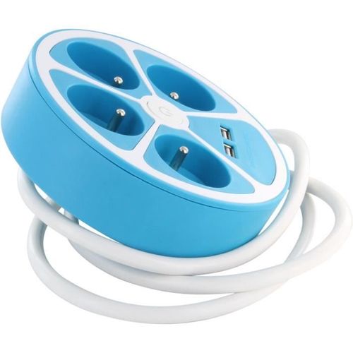 Multiprise Design Circulaire - 4x16 à - Cordon 1,5 M - Avec 2 USB-a + Interrupteur - Bleu
