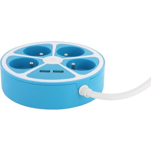 Multiprise Design Circulaire - 4x16 à - Cordon 1,5 M - Avec 2 USB-a + Interrupteur - Bleu