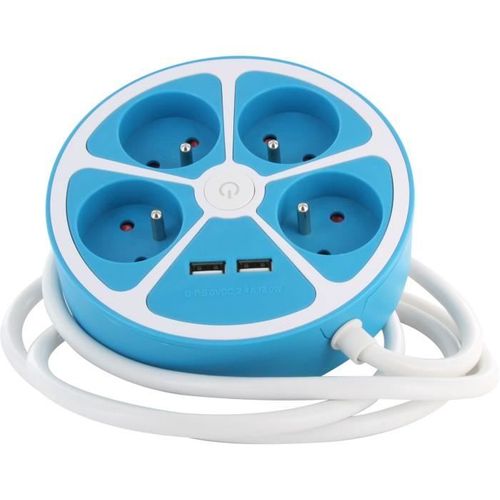 Multiprise Design Circulaire - 4x16 à - Cordon 1,5 M - Avec 2 USB-a + Interrupteur - Bleu