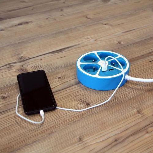 Multiprise Design Circulaire - 4x16 à - Cordon 1,5 M - Avec 2 USB-a + Interrupteur - Bleu
