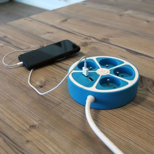 Multiprise Design Circulaire - 4x16 à - Cordon 1,5 M - Avec 2 USB-a + Interrupteur - Bleu
