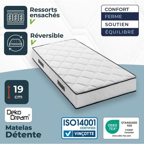 Matelas 90 X 190 Cm - Hauteur 19 Cm - 380 Ressorts Ensachés - 7 Zones - Equilibré - Réversible