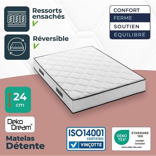 Matelas Ressort 160x200 - Hauteur 24 Cm - 770 Ressorts Ensachés - 7 Zones - Equilibré - Réversible
