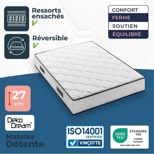 Matelas Ressort 180x200 - Hauteur 27 Cm - 770 Ressorts Ensachés - 7 Zones - Equilibré - Réversible