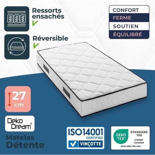 Matelas Ressorts 90x200 Cm - H. 27 cm - 380 Ressorts Ensachés - 7 Zones - Equilibré - Réversible