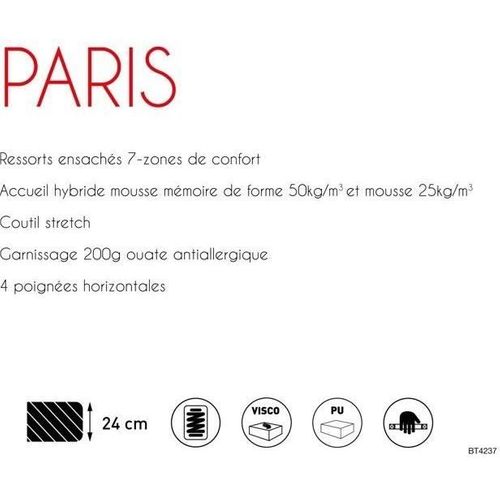 Paris - Matelas Ressort Ensachés - 140x190 Cm - 24 Cm - Mousse à Mémoire De Forme
