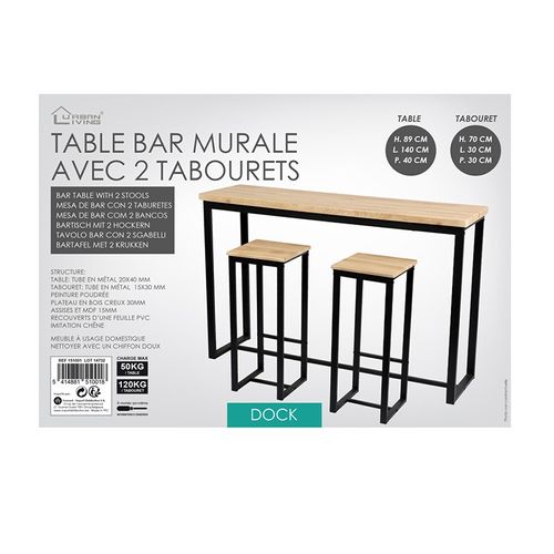 Table De Bar Murale Avec 2 Tabourets Dock - Naturel Clair