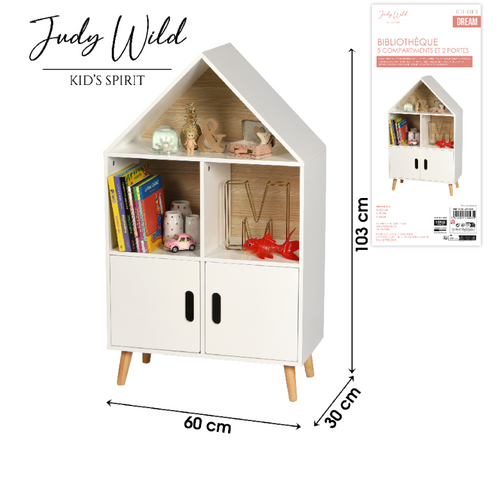 Bibliothèque Maison Avec 3 Niches Et 2 Portes "dream" En Bois - Blanc/beige - H 103 X L 60 X P 30 Cm