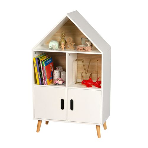 Bibliothèque Maison Avec 3 Niches Et 2 Portes "dream" En Bois - Blanc/beige - H 103 X L 60 X P 30 Cm