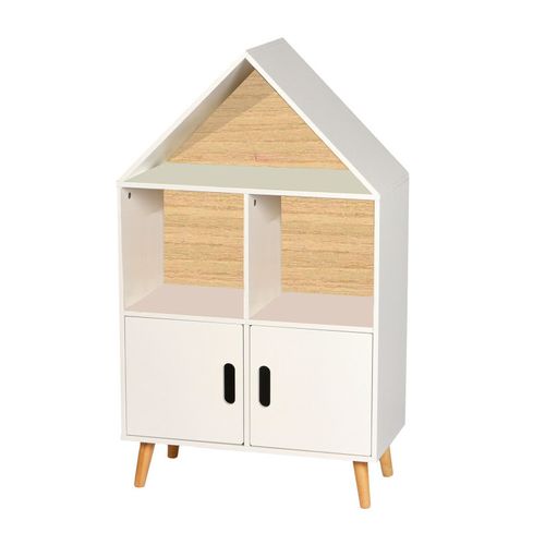 Bibliothèque Maison Avec 3 Niches Et 2 Portes "dream" En Bois - Blanc/beige - H 103 X L 60 X P 30 Cm