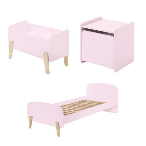 Lit 90x200 - Chevet 1 Porte Et Coffre à Jouets Kiddy - Vieux Rose