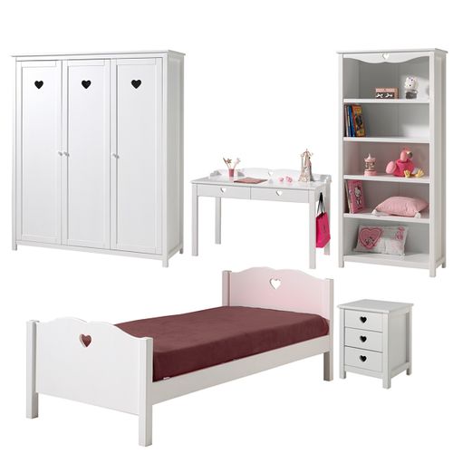 Lit 90x200 - Chevet 3 Tiroirs - Armoire 3 Portes - Bureau Et Bibliothèque Amori - Blanc